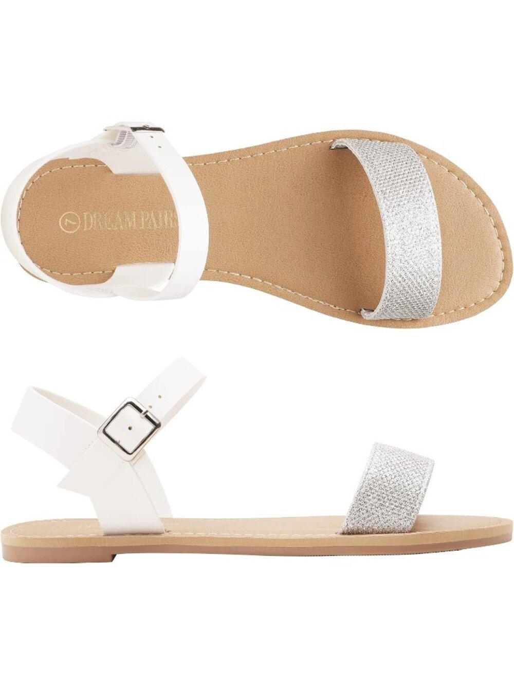 Women's Silver Glitter Ankle Strap Flat Open Toe One Band Buckle Summer Sandal - Picture 3 of 5